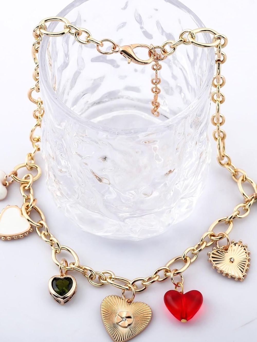 Anthropologie Gold Heart Charm Necklace with Red & Dark Green Accents - Picture 2 of 5